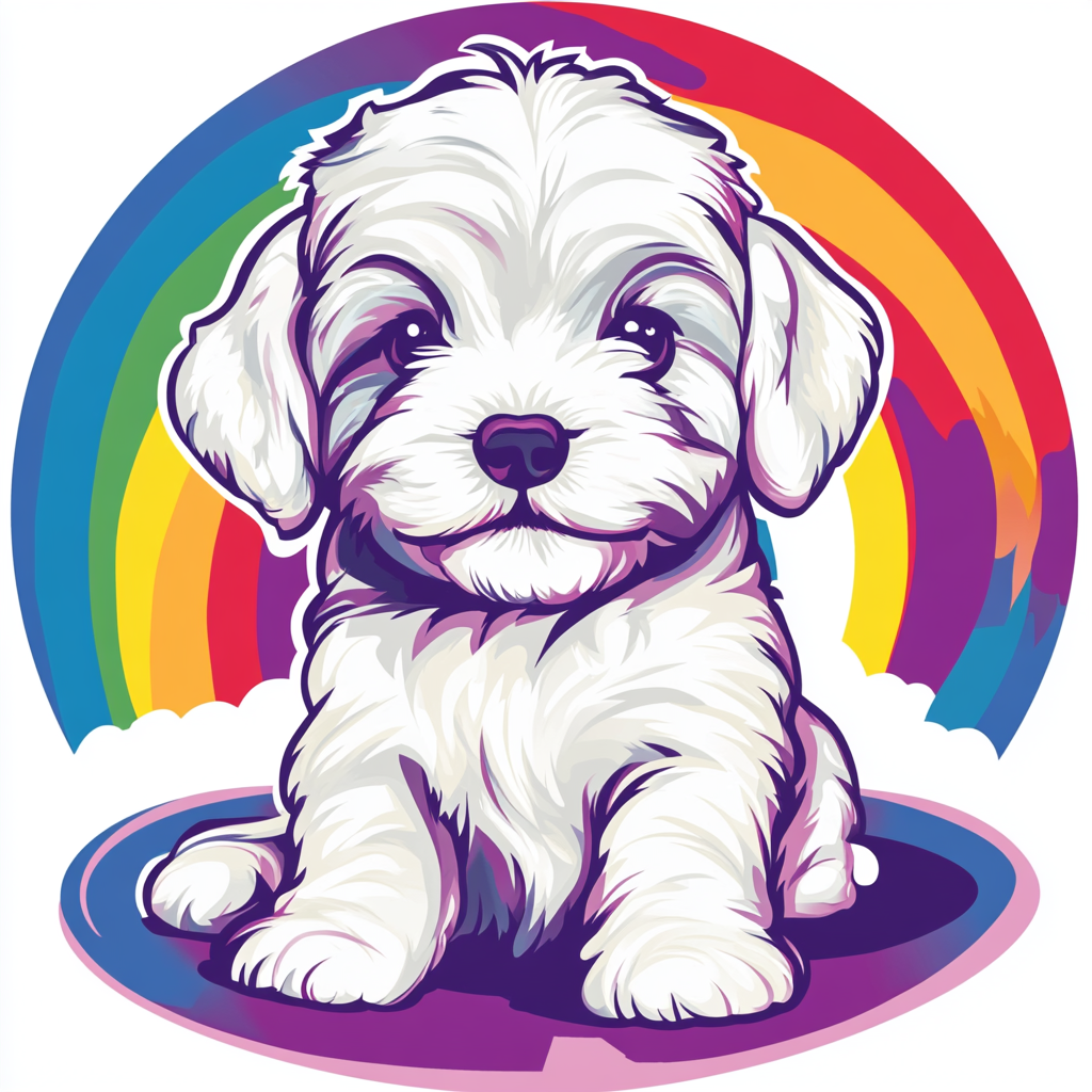 Soft puppy with colorful rainbow in playful grooming design.