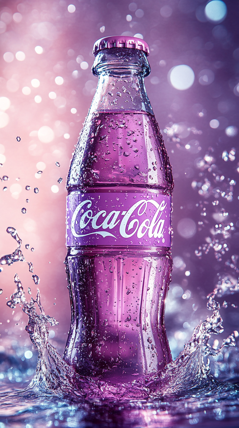 Soft purple Coca-Cola bottle on sparkling water droplets.