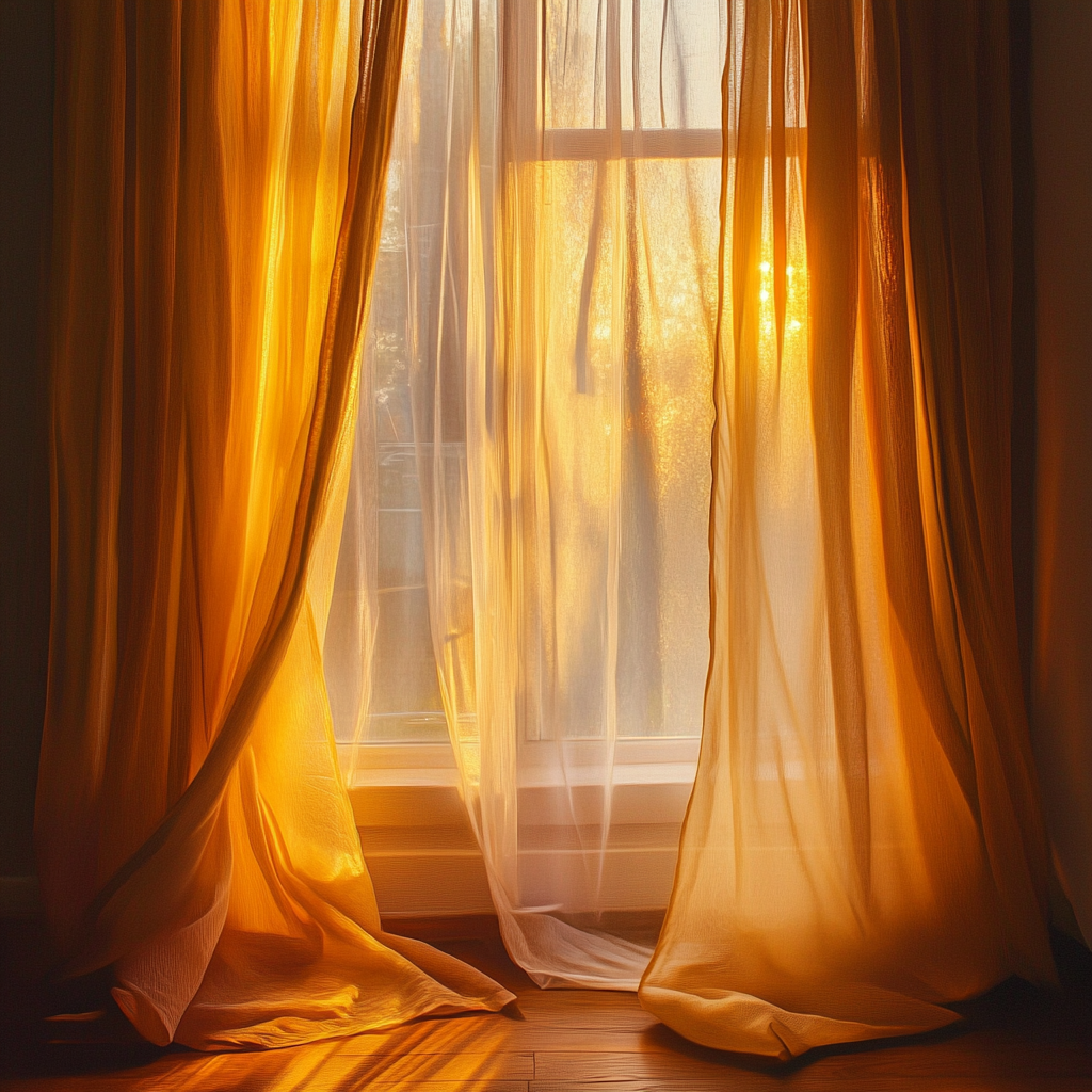 Soft sunlight illuminates room, curtains, brings tranquility.