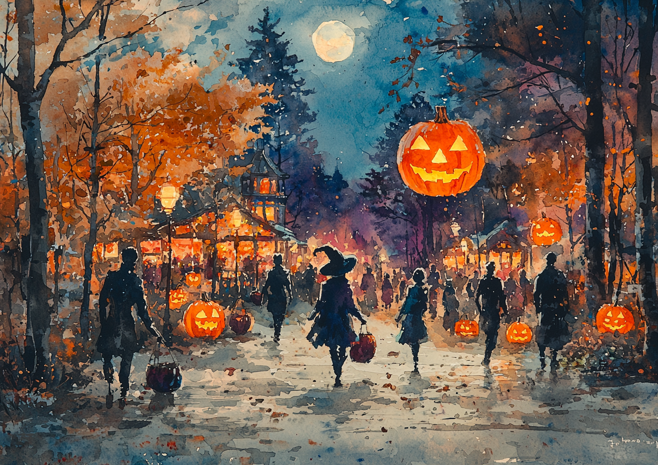 Soft watercolor Halloween night scene with mysterious costumes.