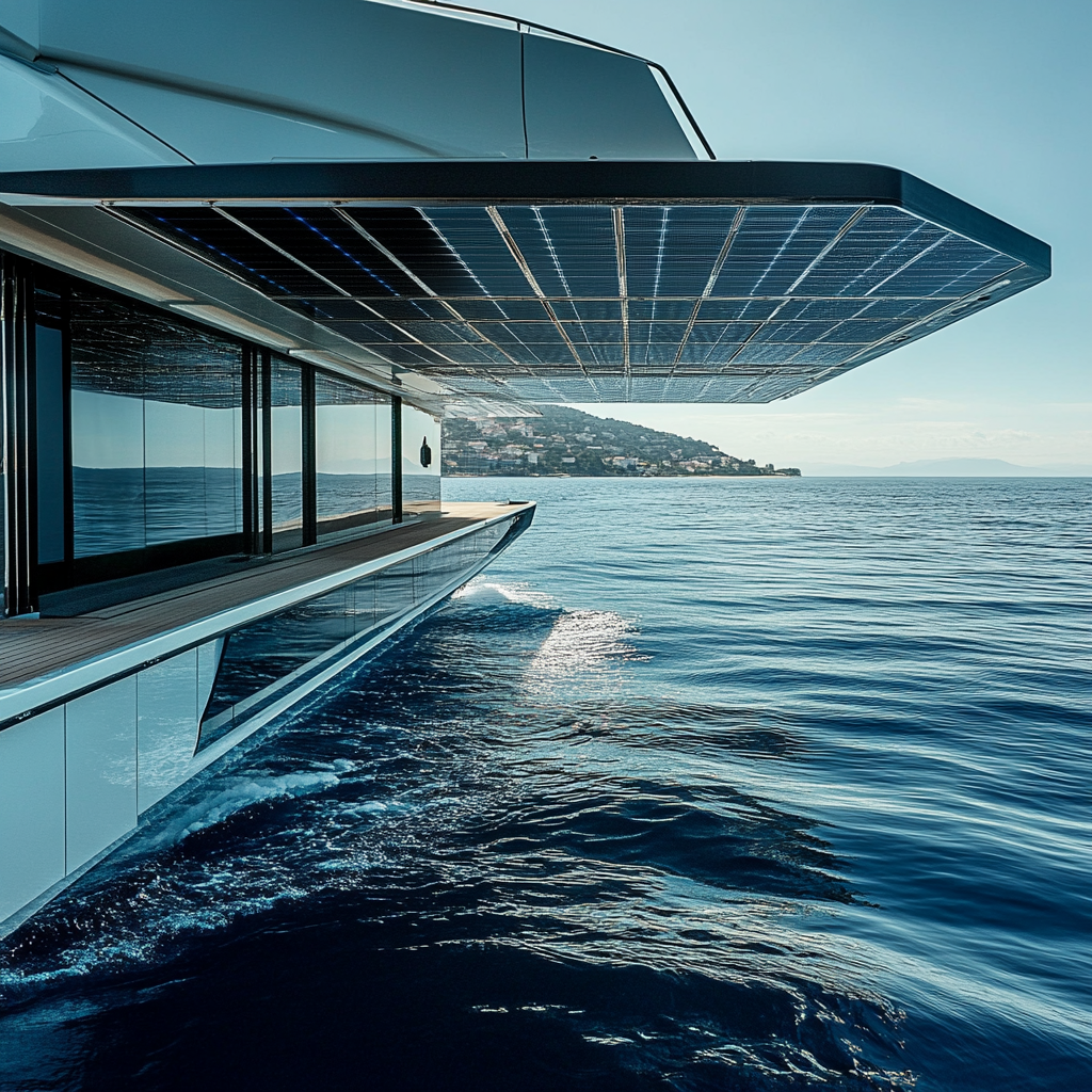 Solar panels on a yacht for energy.