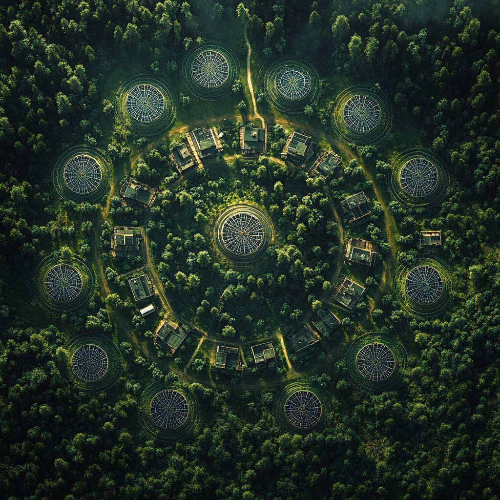 Solarpunk village with food forests in nature mandala