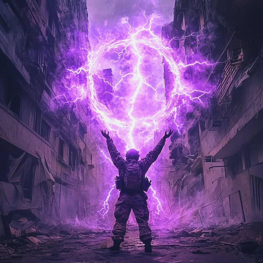 Soldier Summoning Lightning in Abandoned City