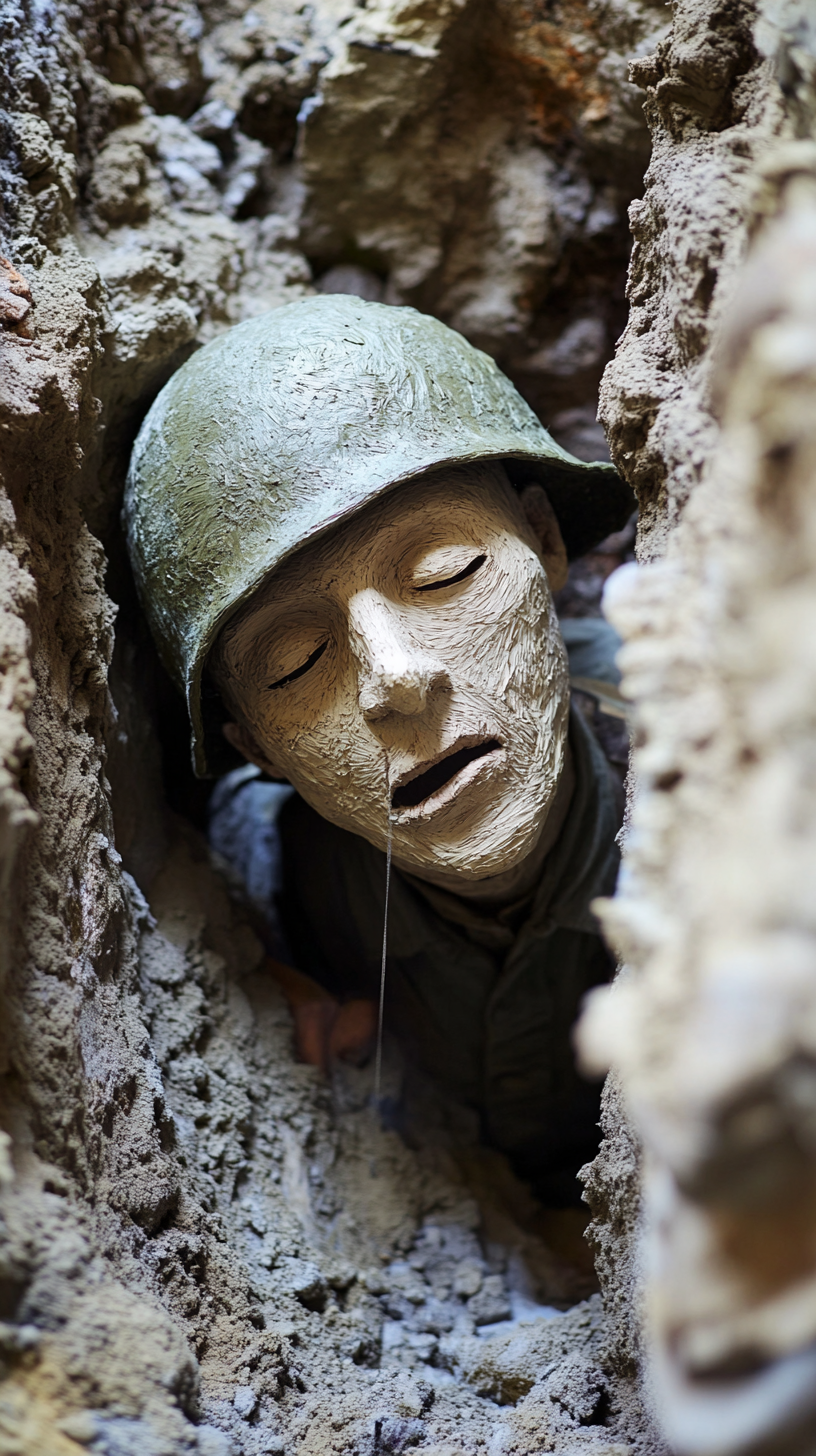 Soldier in WWI trench with elaborate papier-mâché dummy head.