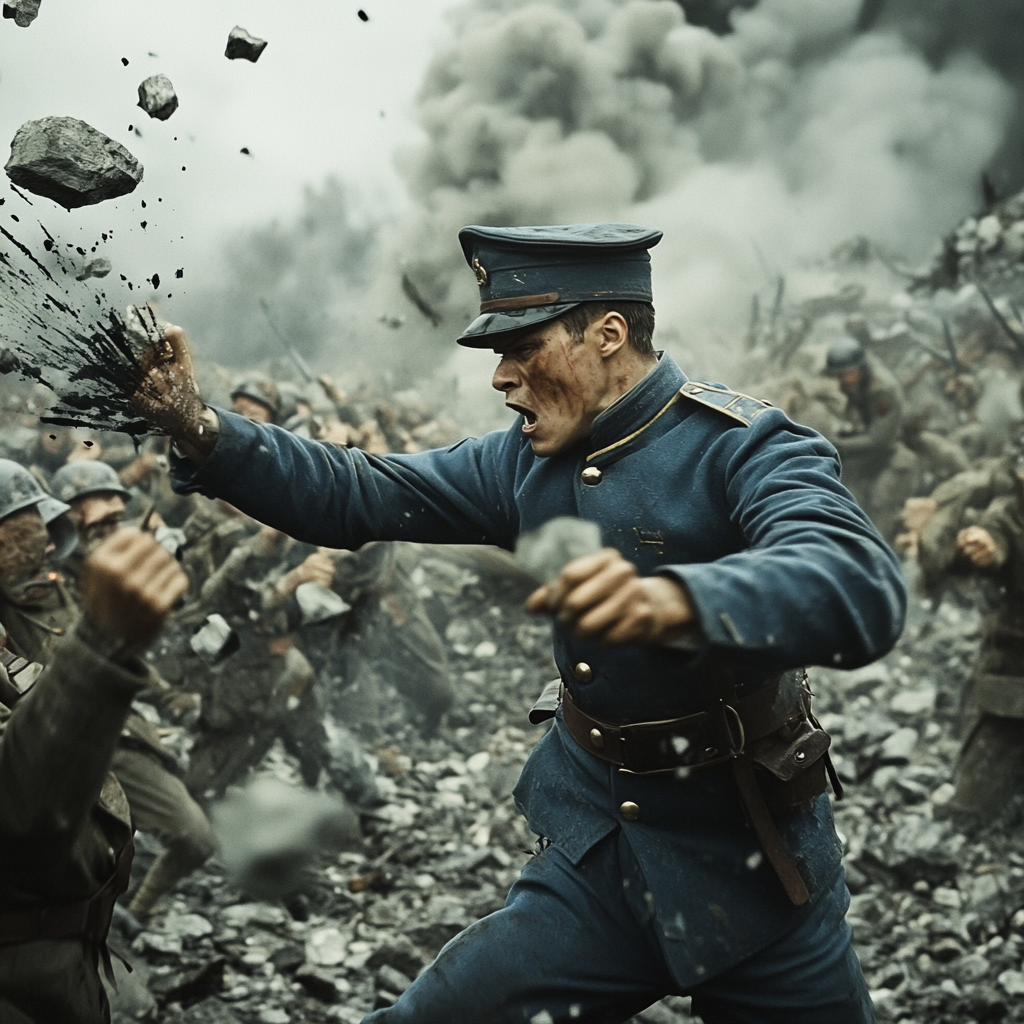 Soldier in blue uniform launches rock spikes at enemies