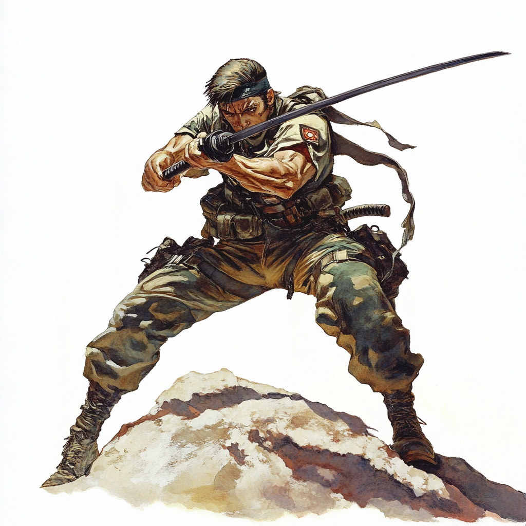 Soldier in combat with katana and rifle