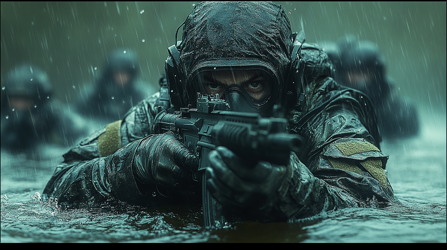 Soldier with gun fights enemies in underwater combat.