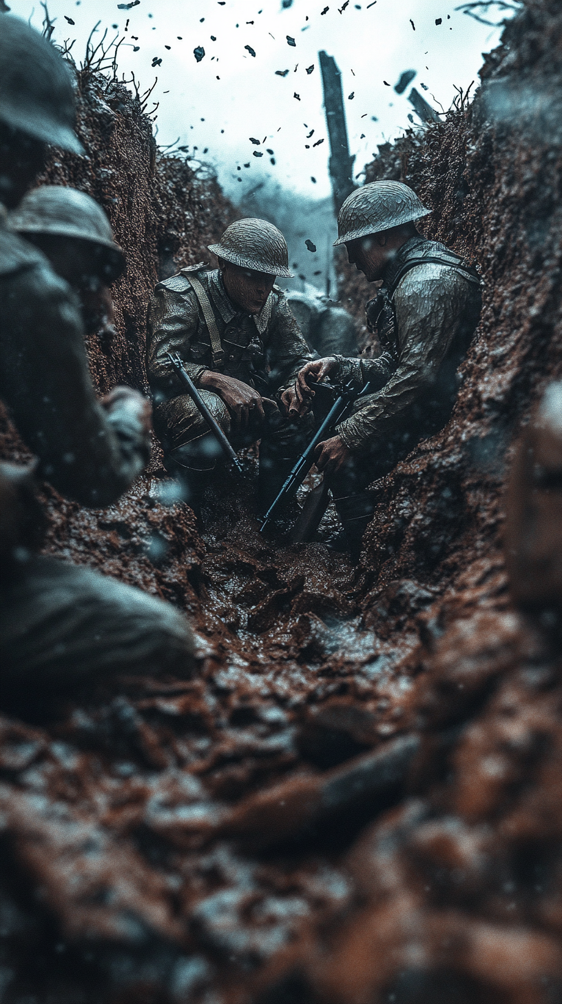 Soldiers discussing strategy with hyper-realistic papier-mâché heads.