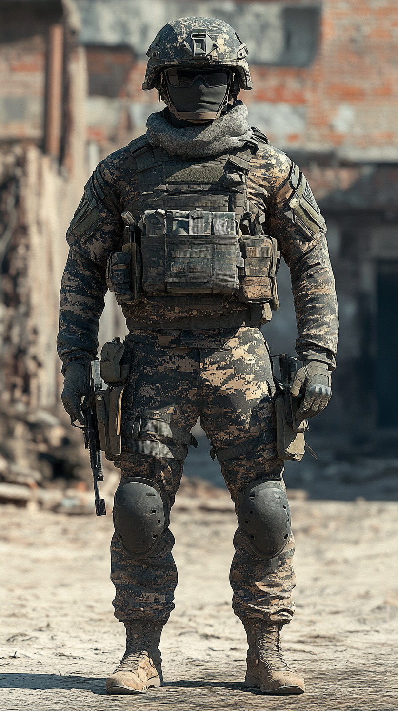 Soldiers in modern armor, realistic photography, cinematic quality.