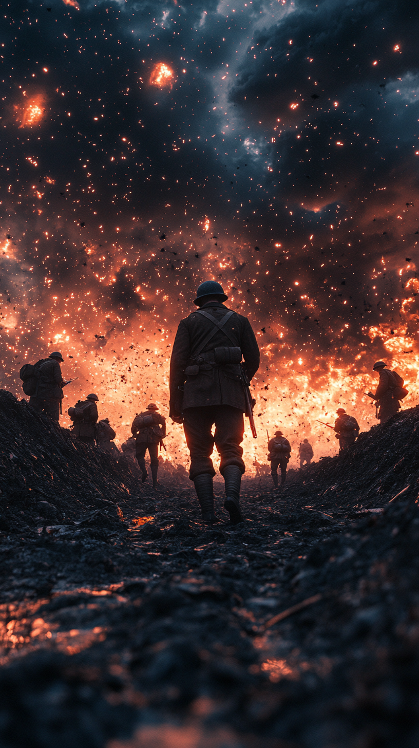 Soldiers in trenches during World War I at night.