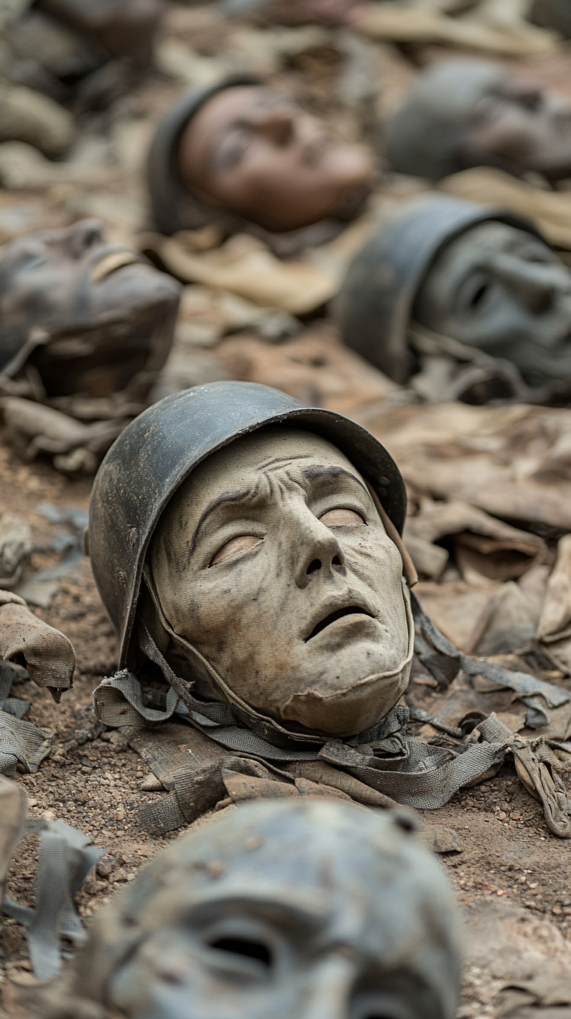 Soldiers preparing dummy heads for deception tactics in WWI.