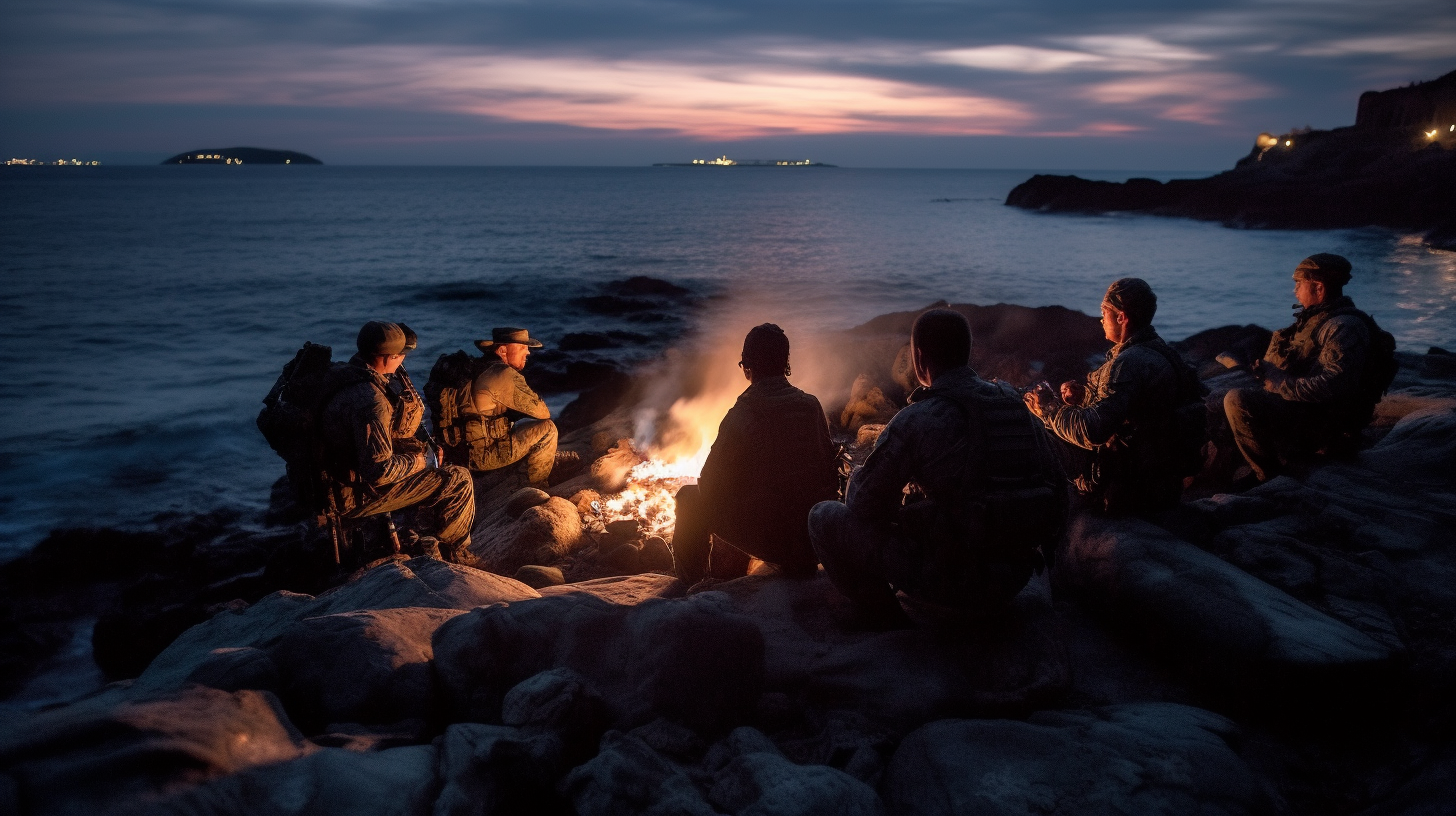 Soldiers relaxing by campfire after successful mission, bonding together.