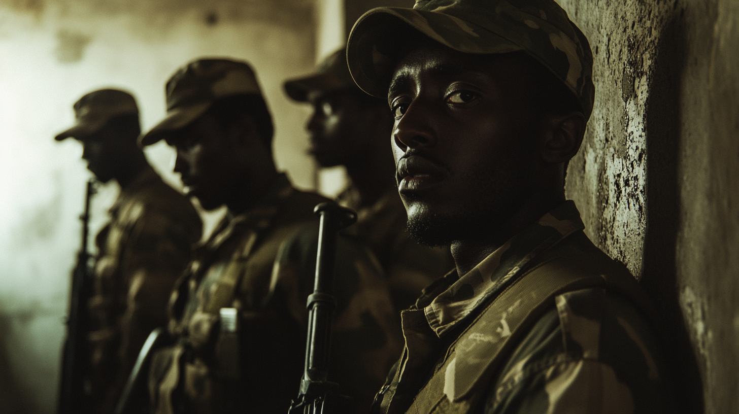 Soldiers training in bunker, dark cinematic style