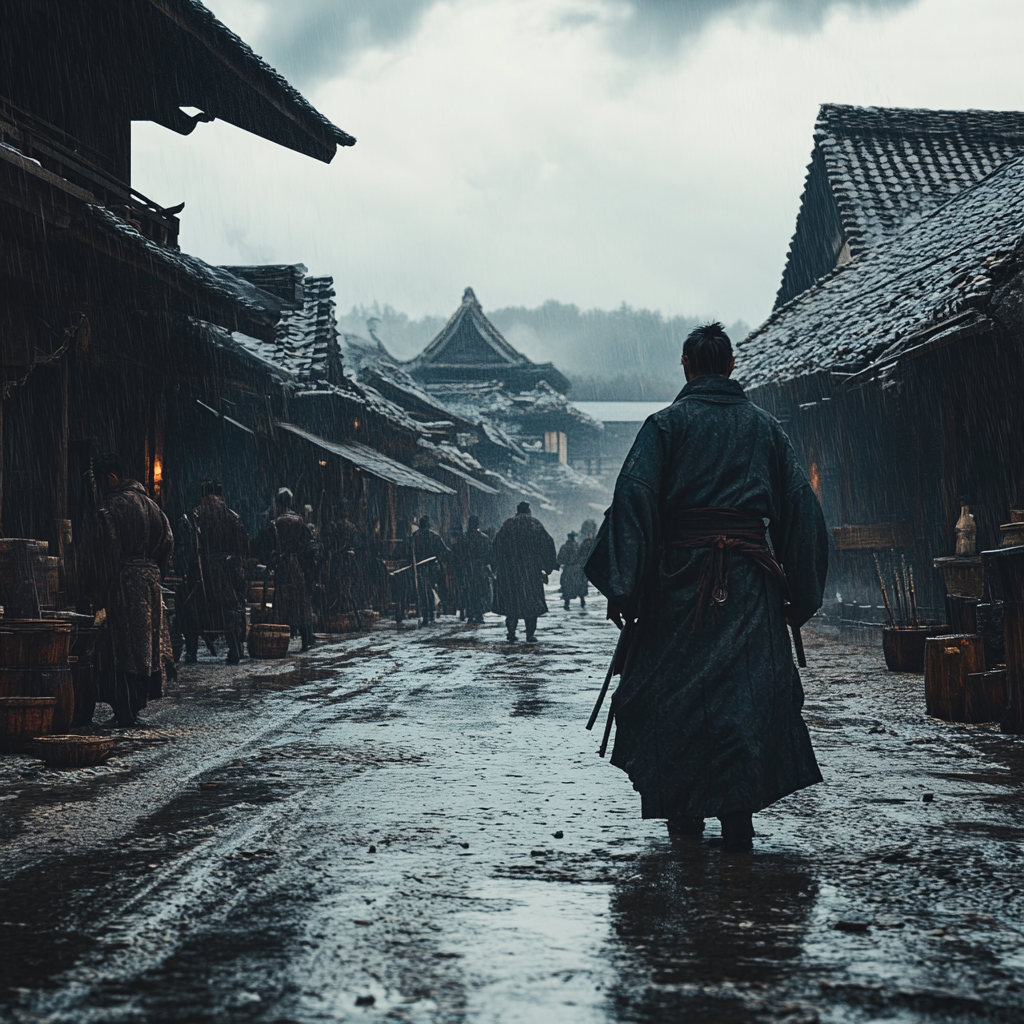 Soldiers training in robes in village, action shot.