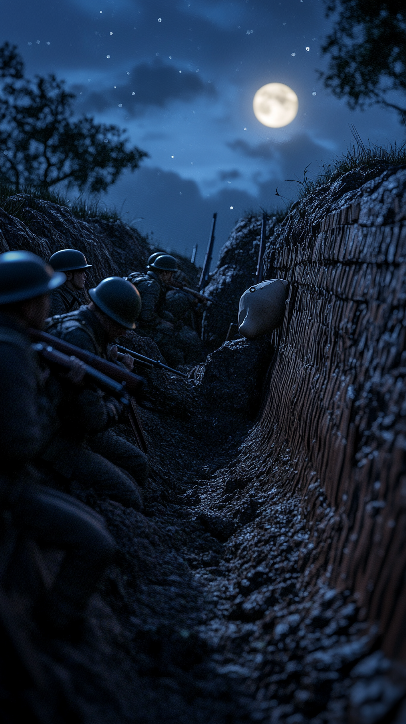 Soldiers using dummy heads in World War I trench.