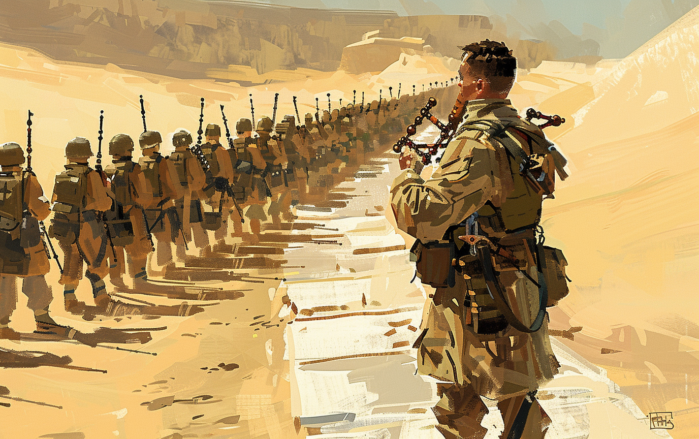 Soldiers watch man in uniform playing bagpipes.