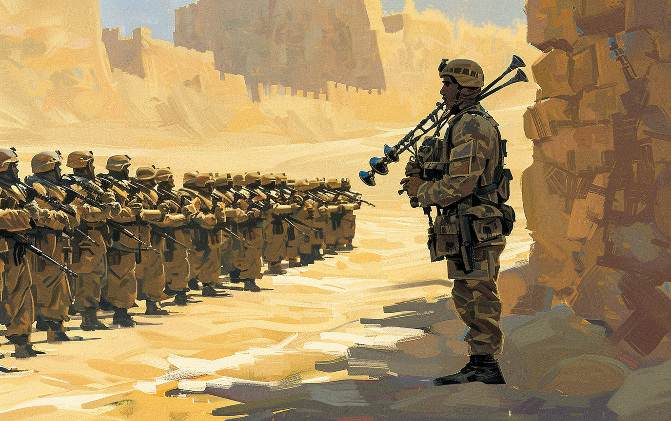 Soldiers watch man play bagpipes in desert sand.