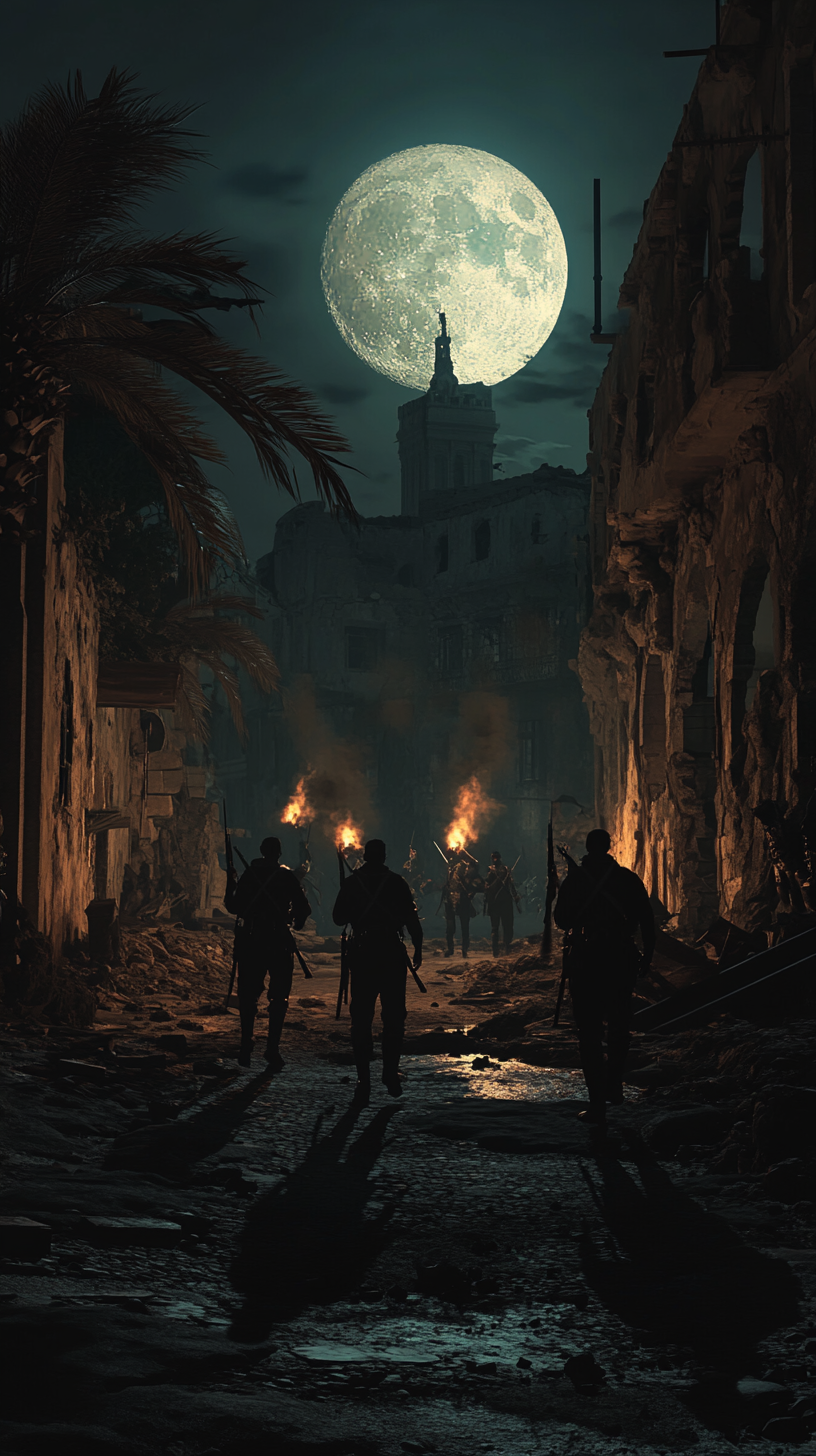 Soldiers with torches in moonlit street, palm tree shadows.