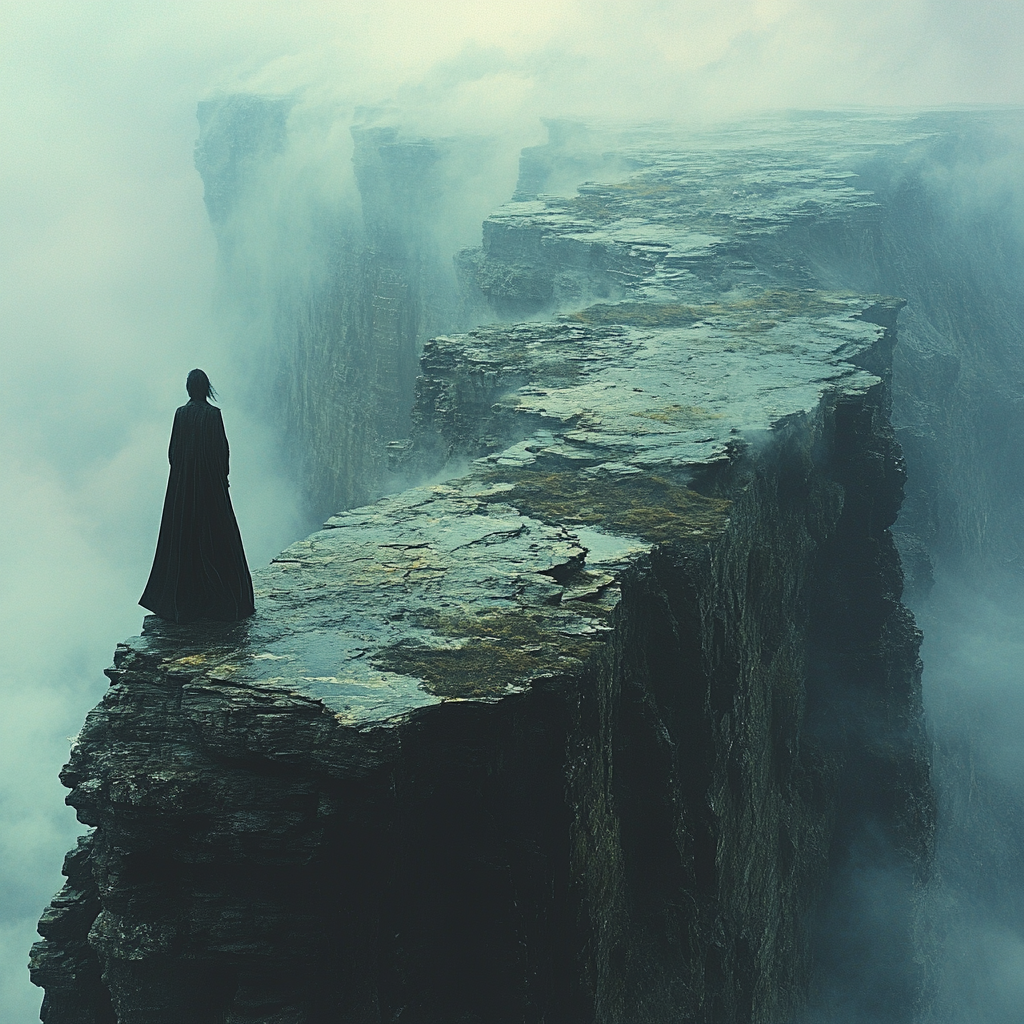 Solemn figure on cliff facing misty abyss.