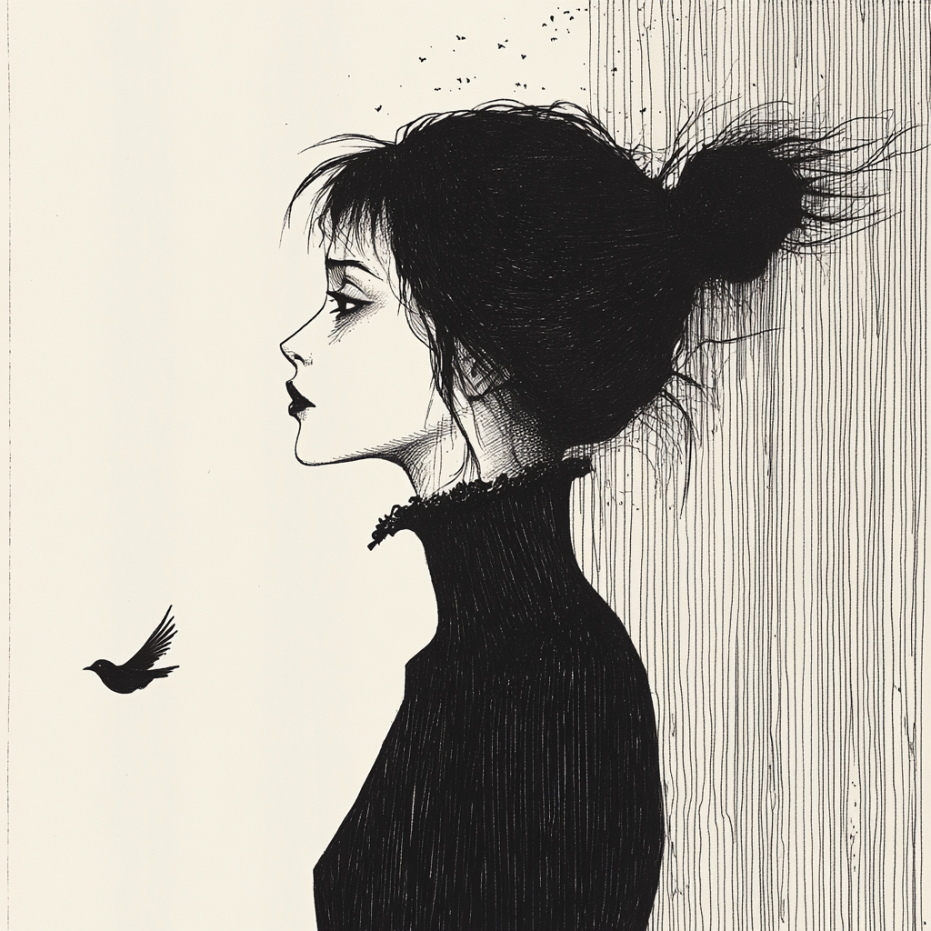 Solitary Woman in Edward Gorey Style: Minimalist and Eerie