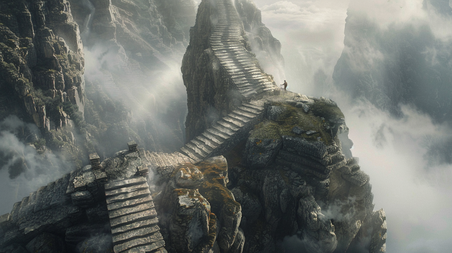 Solitary man ascending endless stone steps on rugged mountain.