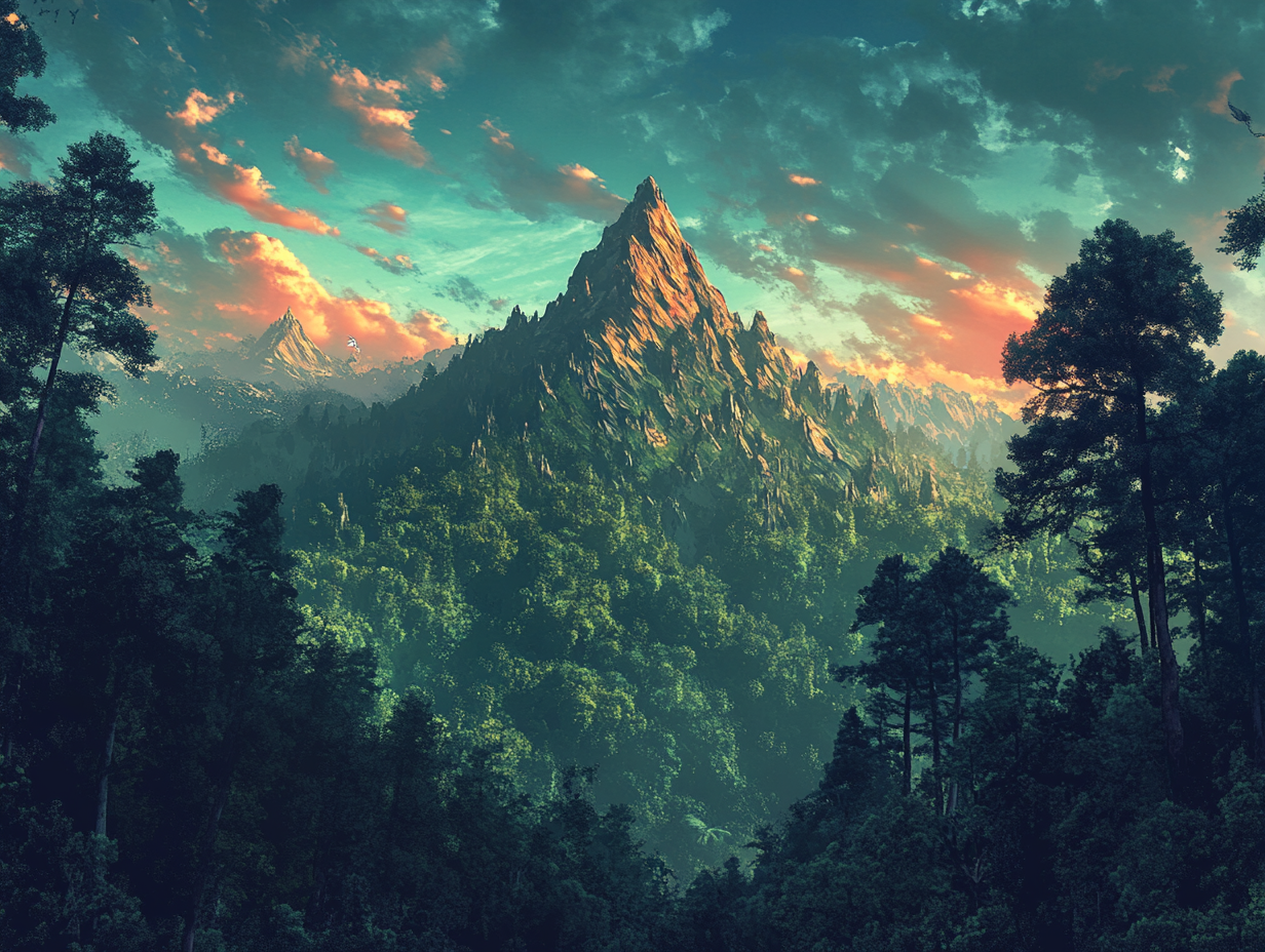 Solitary red mountain in mystical forest setting