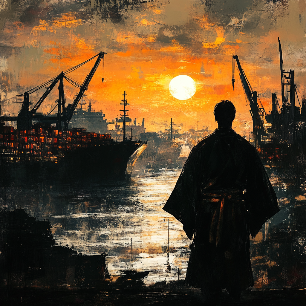 Solitary samurai overlooking bustling port as sun sets.