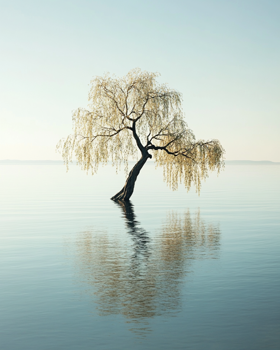 Solitary tree on lake, sun flares, high-res film effect.