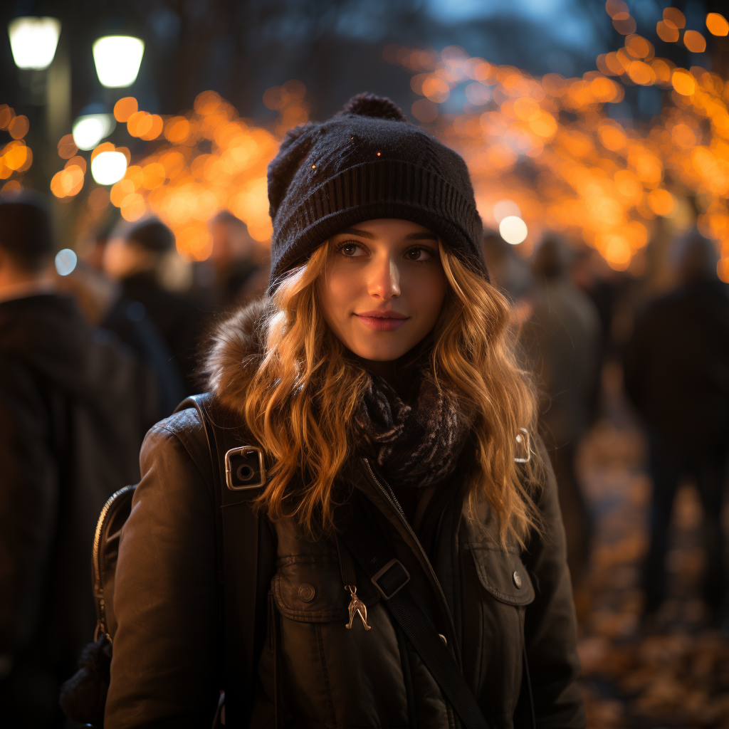 Solitary woman in park at night under lights.