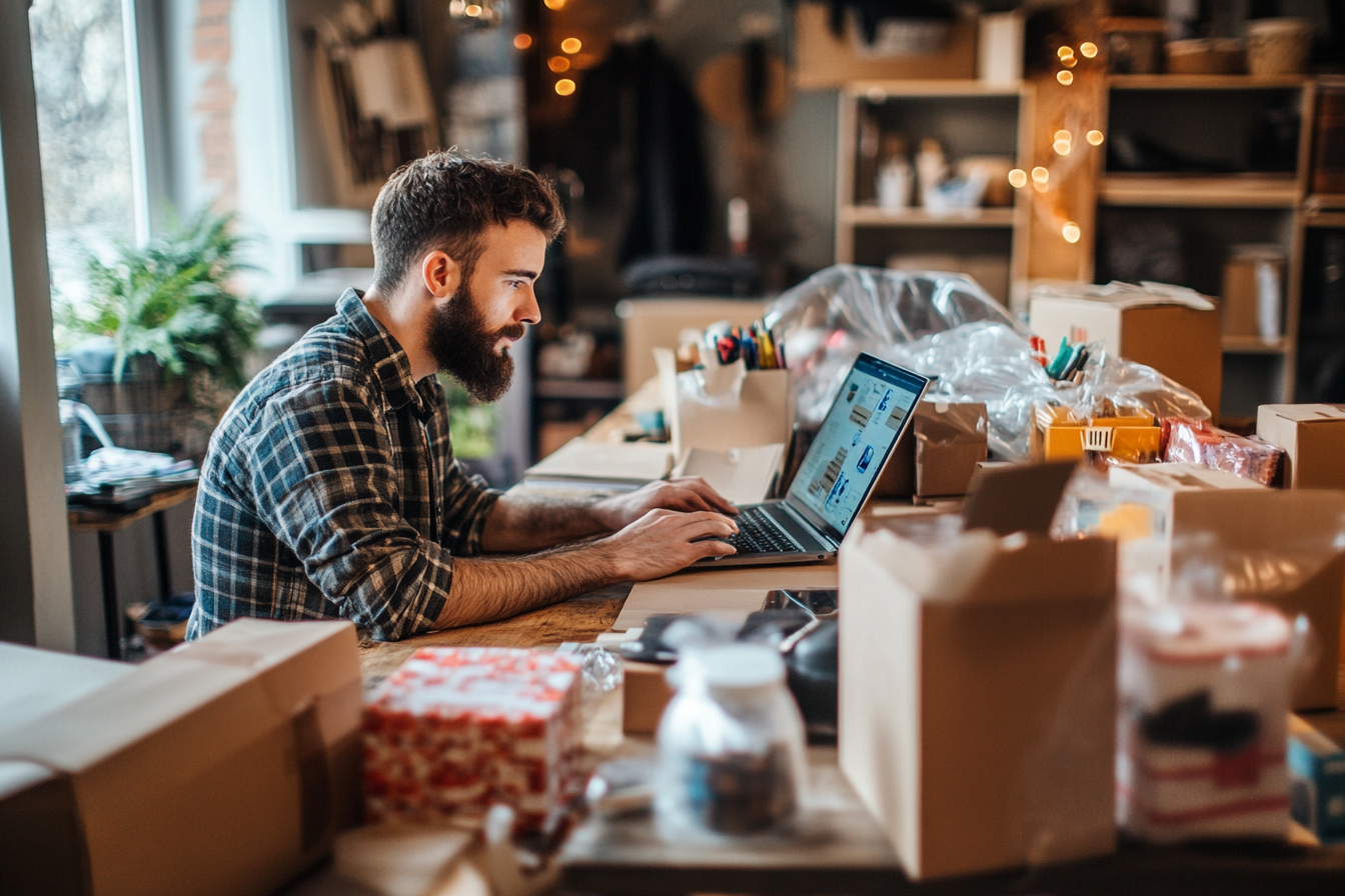 Solo entrepreneur in cozy, organized home workspace.