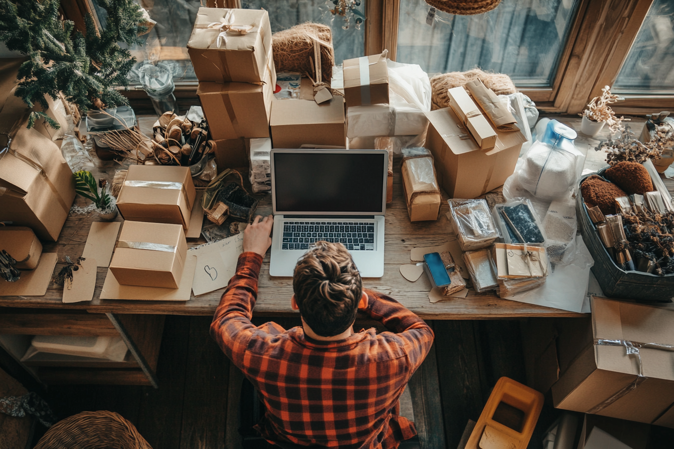 Solo entrepreneur works from home surrounded by supplies.