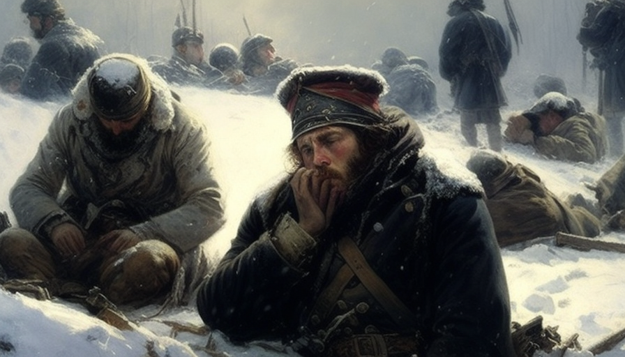 Somber French soldiers struggle in harsh winter battlefield.