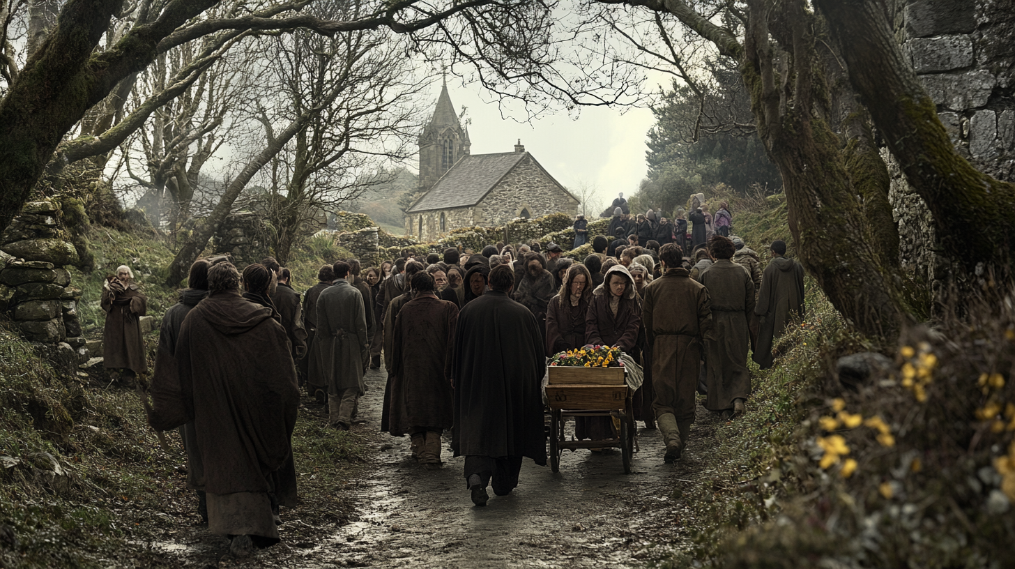 Somber Irish funeral procession in rural village - 16:9