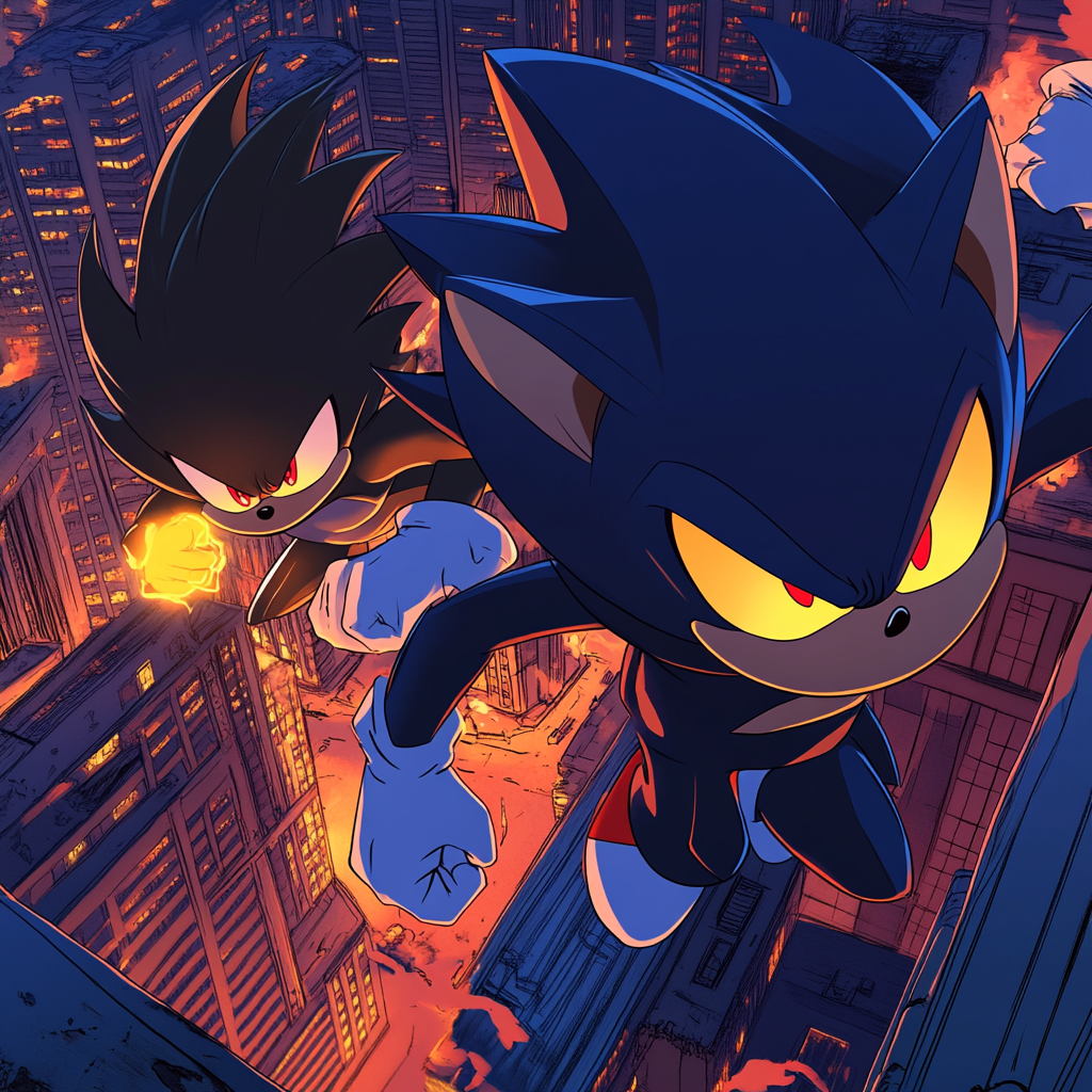 Sonic and Shadow transforming together in ruined city.