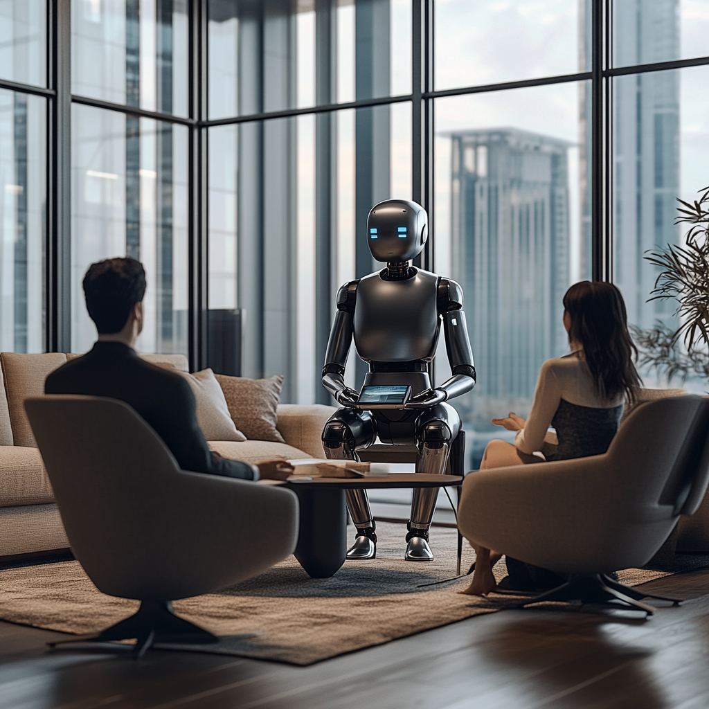 Sophisticated AI real estate consultant interacts with couple.