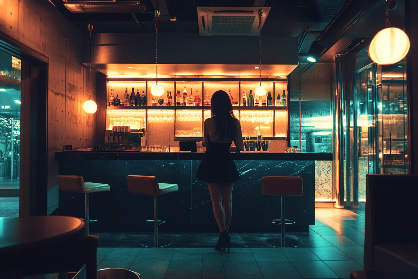 Sophisticated Japanese woman in designer bar with chic interior