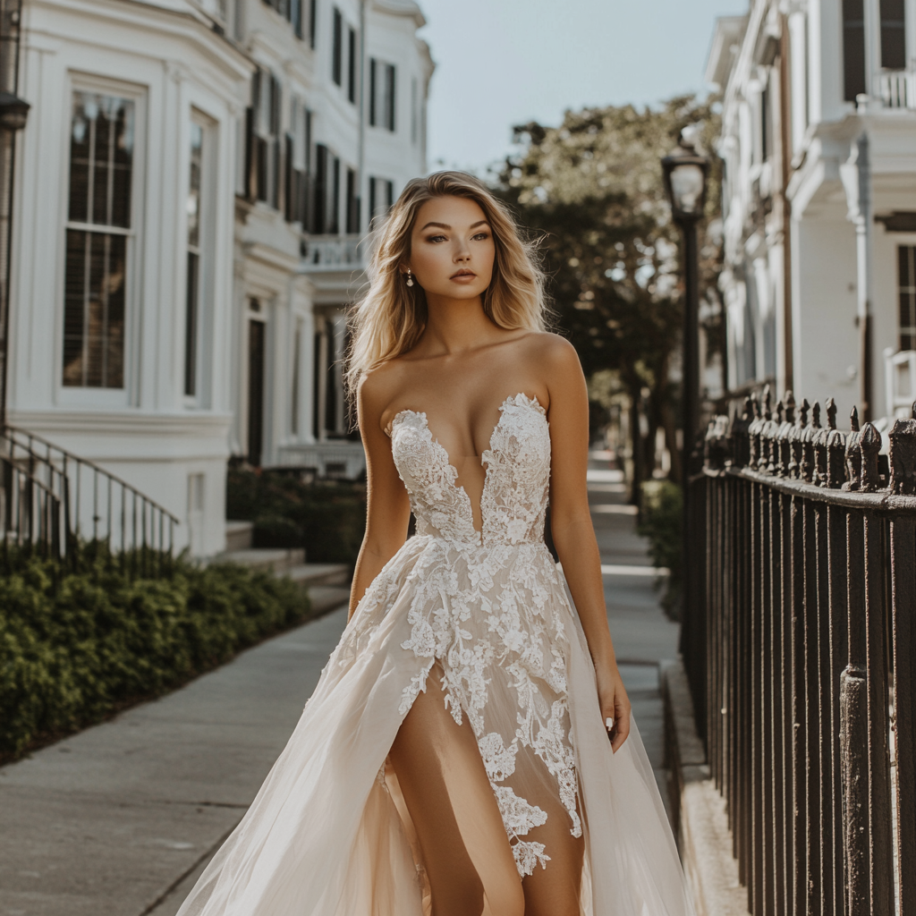 Sophisticated Modern Bridal Gown in Romantic Setting