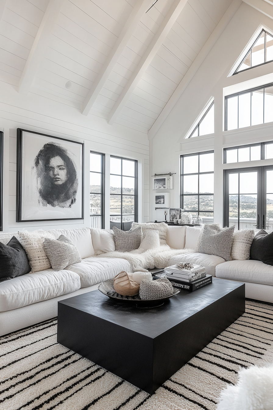 Sophisticated black and white living room design.