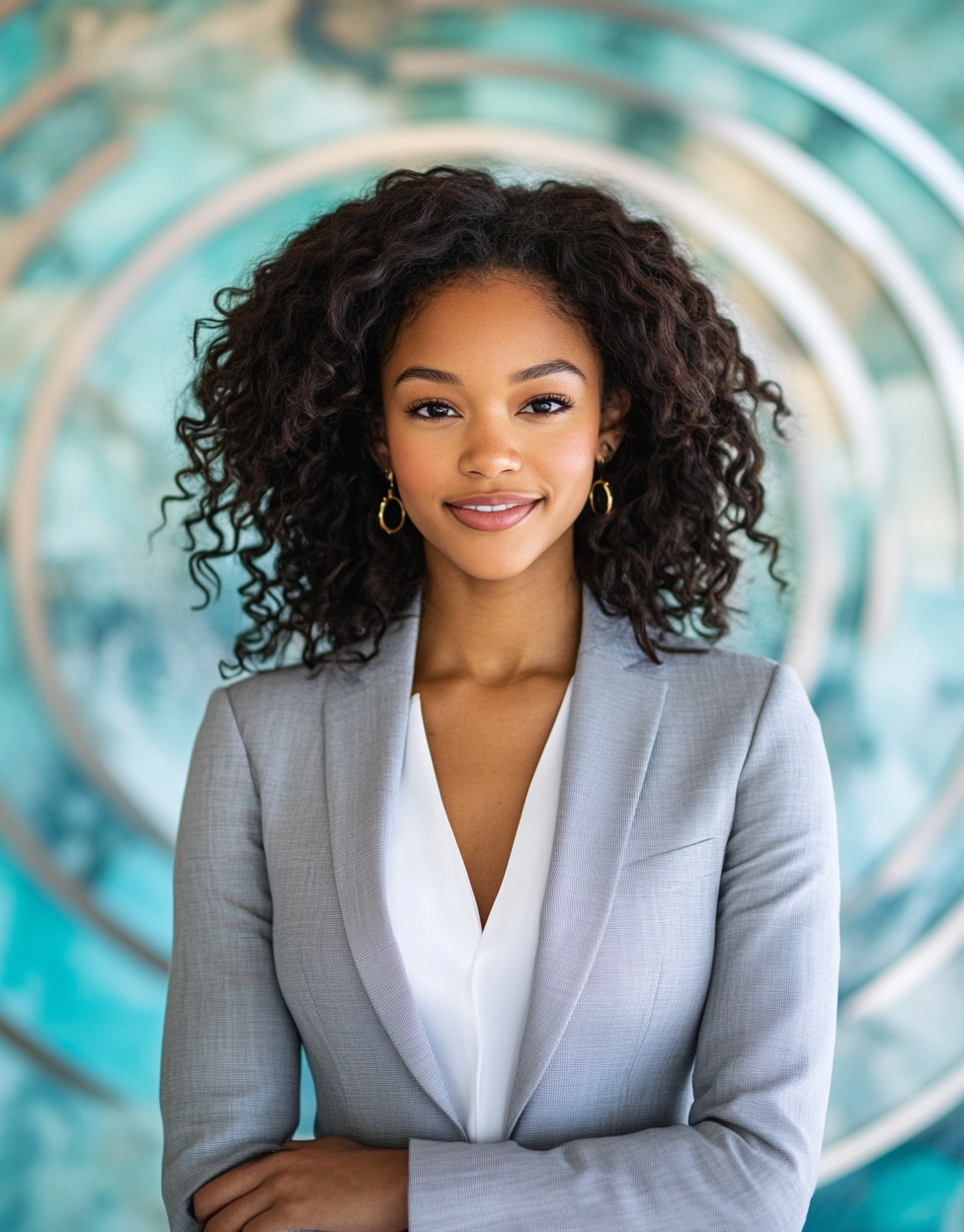 Sophisticated corporate woman in vibrant, dynamic backdrop