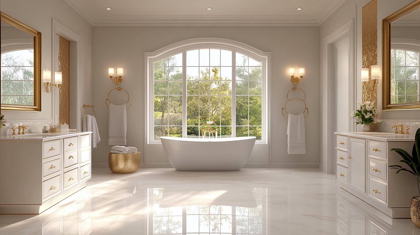 Sophisticated gold and white bathroom with elegant details.