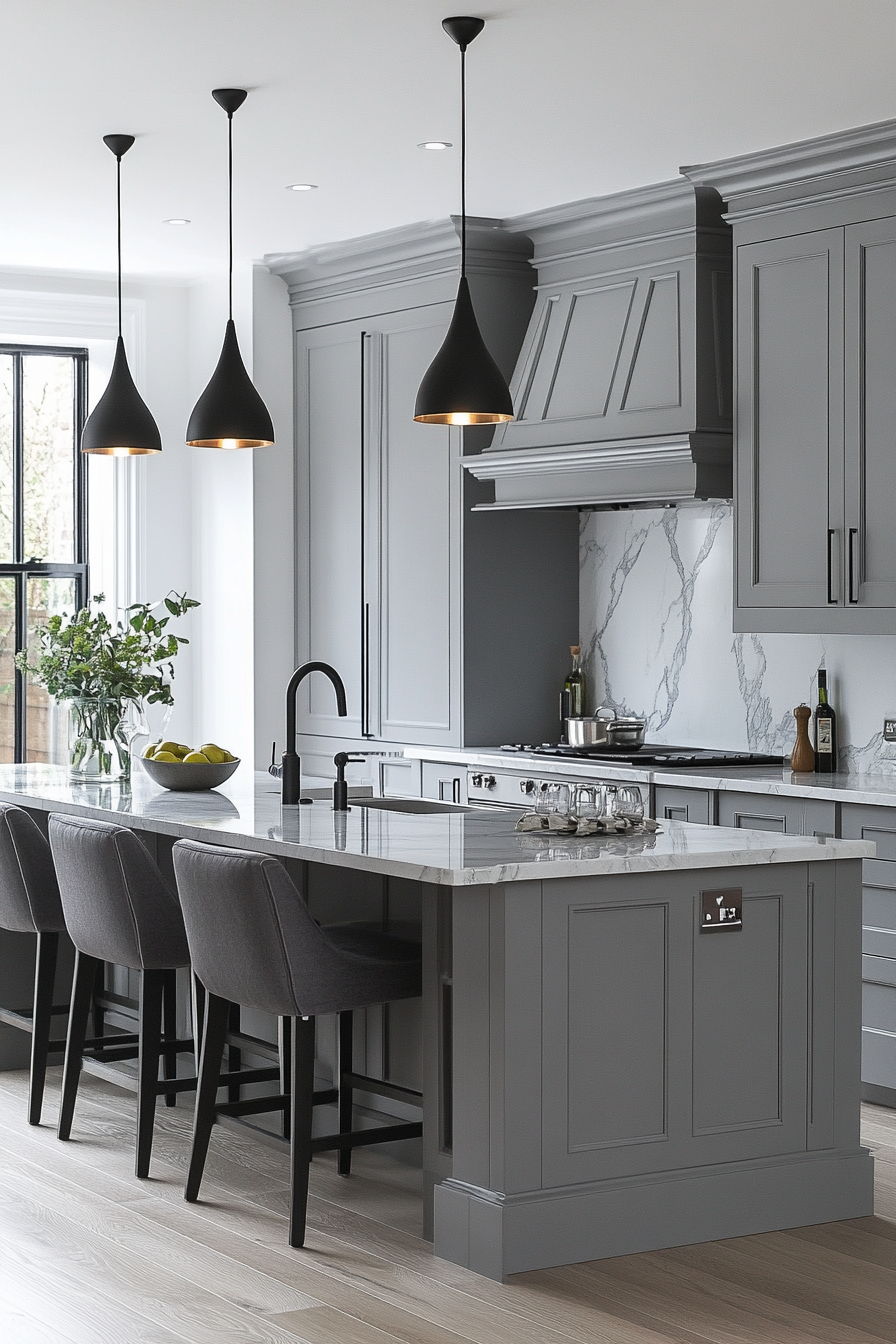 Sophisticated kitchen with gray cabinets and marble countertops.