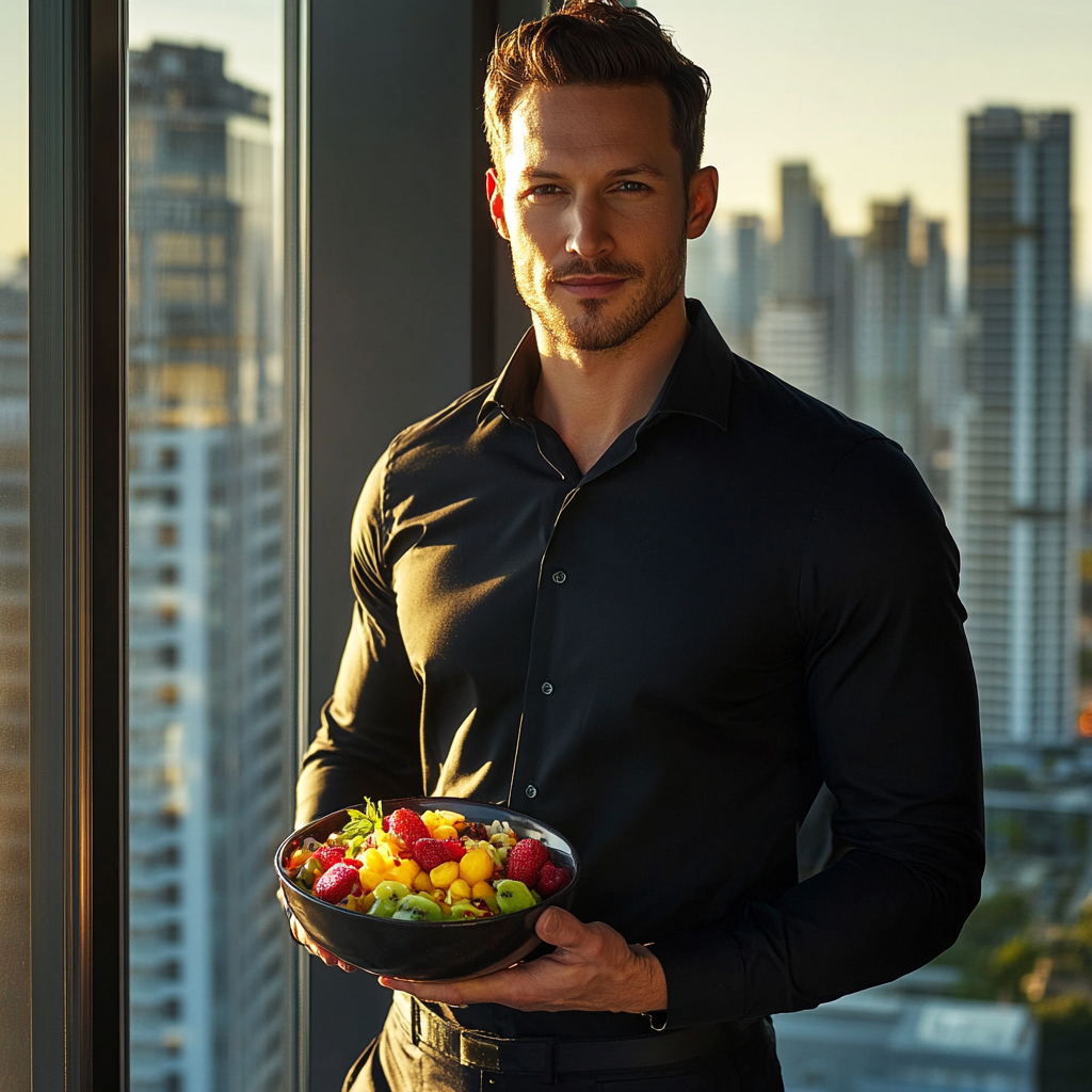 Sophisticated man in penthouse holding colorful smoothie bowl.