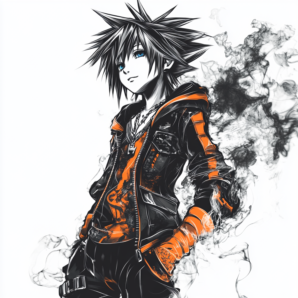 Sora in Rock Outfit: Anime Drawing with Smoke