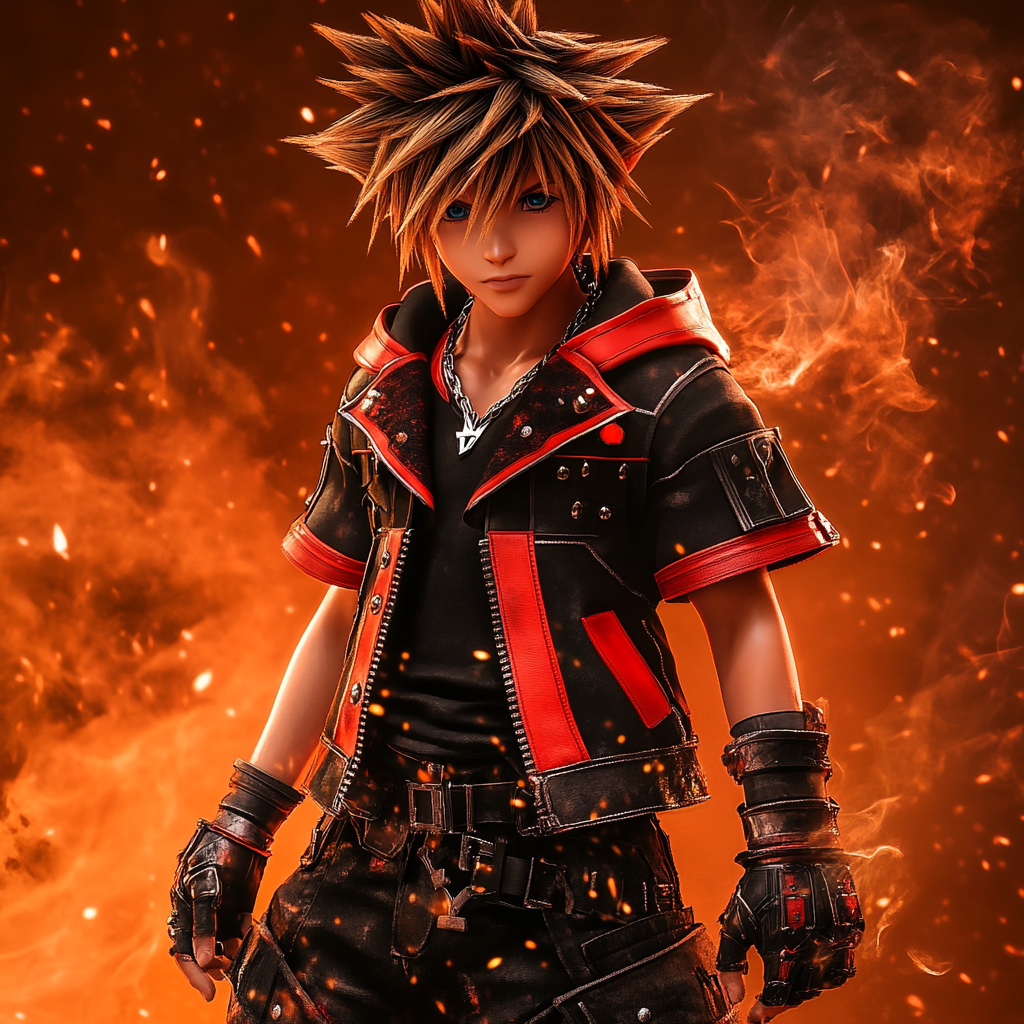 Sora in edgy rock clothes in anime style