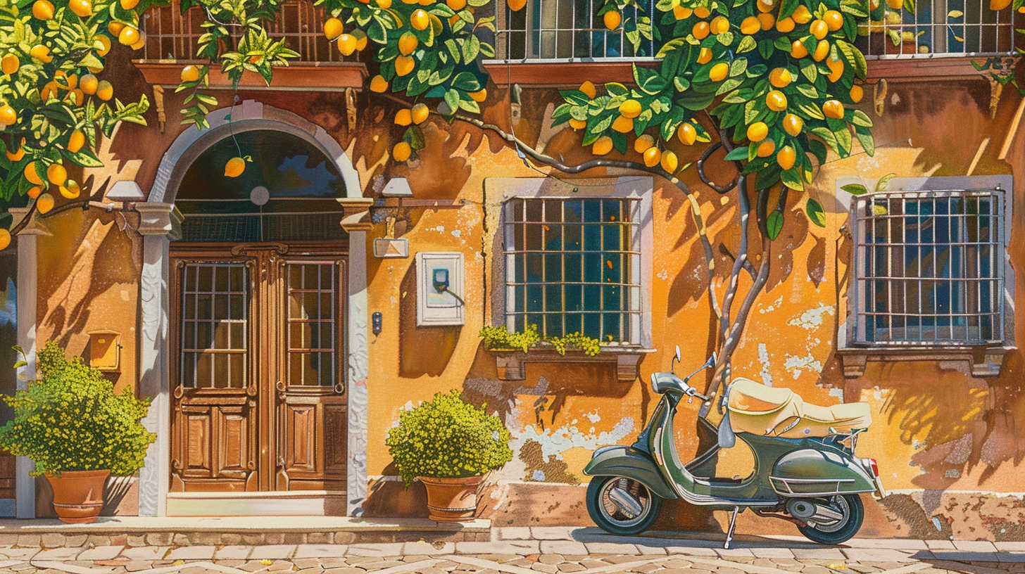 Sorrento house with lemon trees, Vespa, Italian streetscape-inspired.