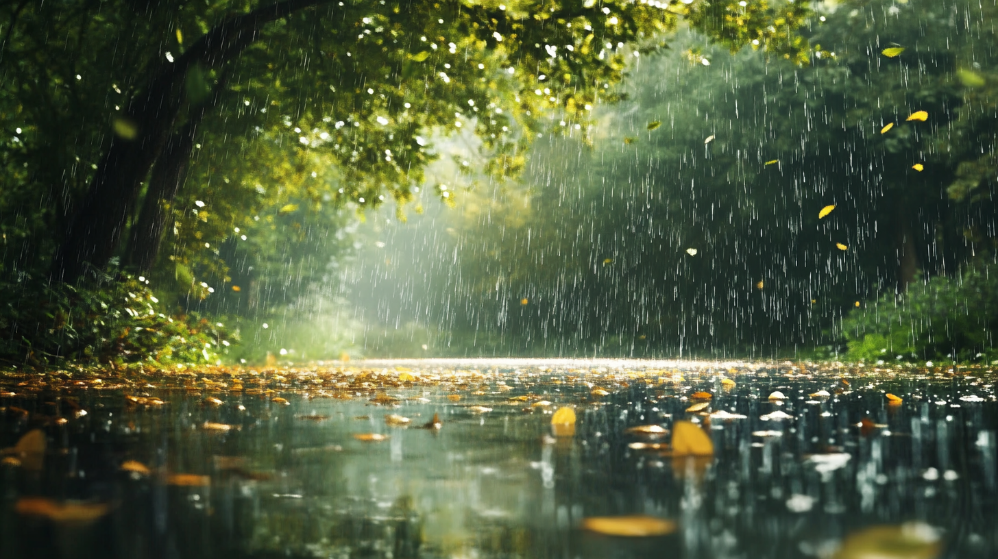 Soundscape of rain falling on leaves in tranquil forest.