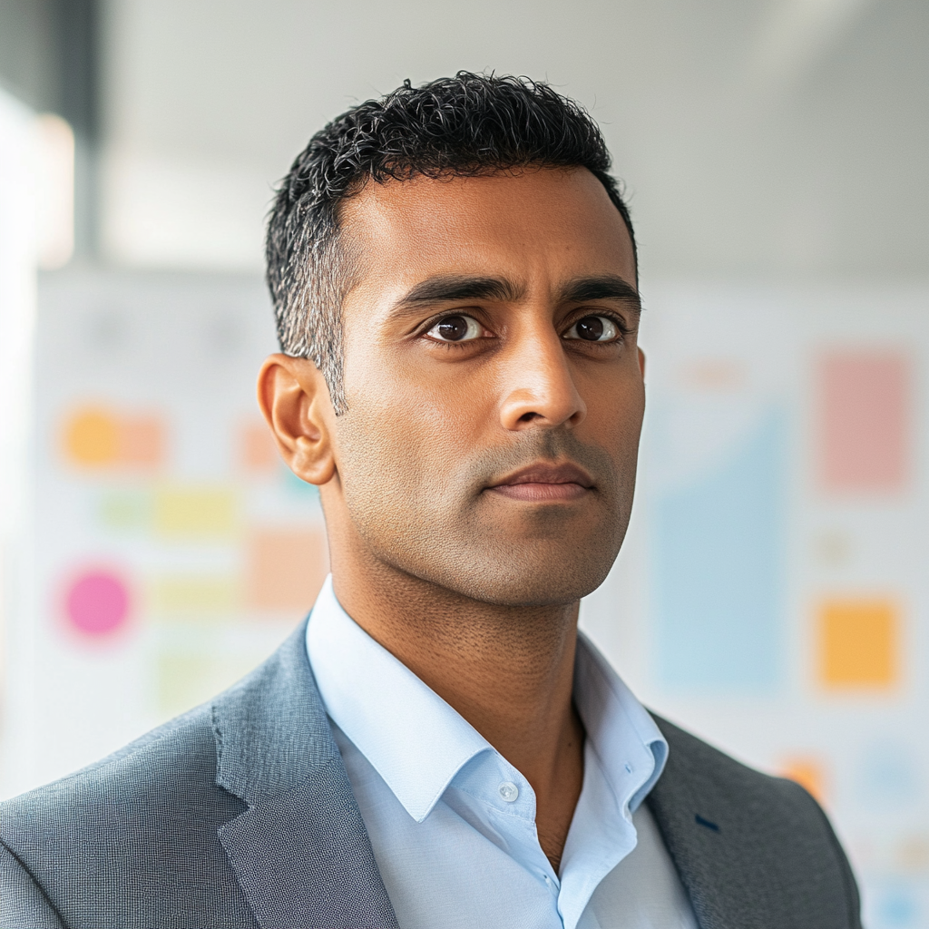 South Asian man mid-30s, office, marketing materials, brainstorming.