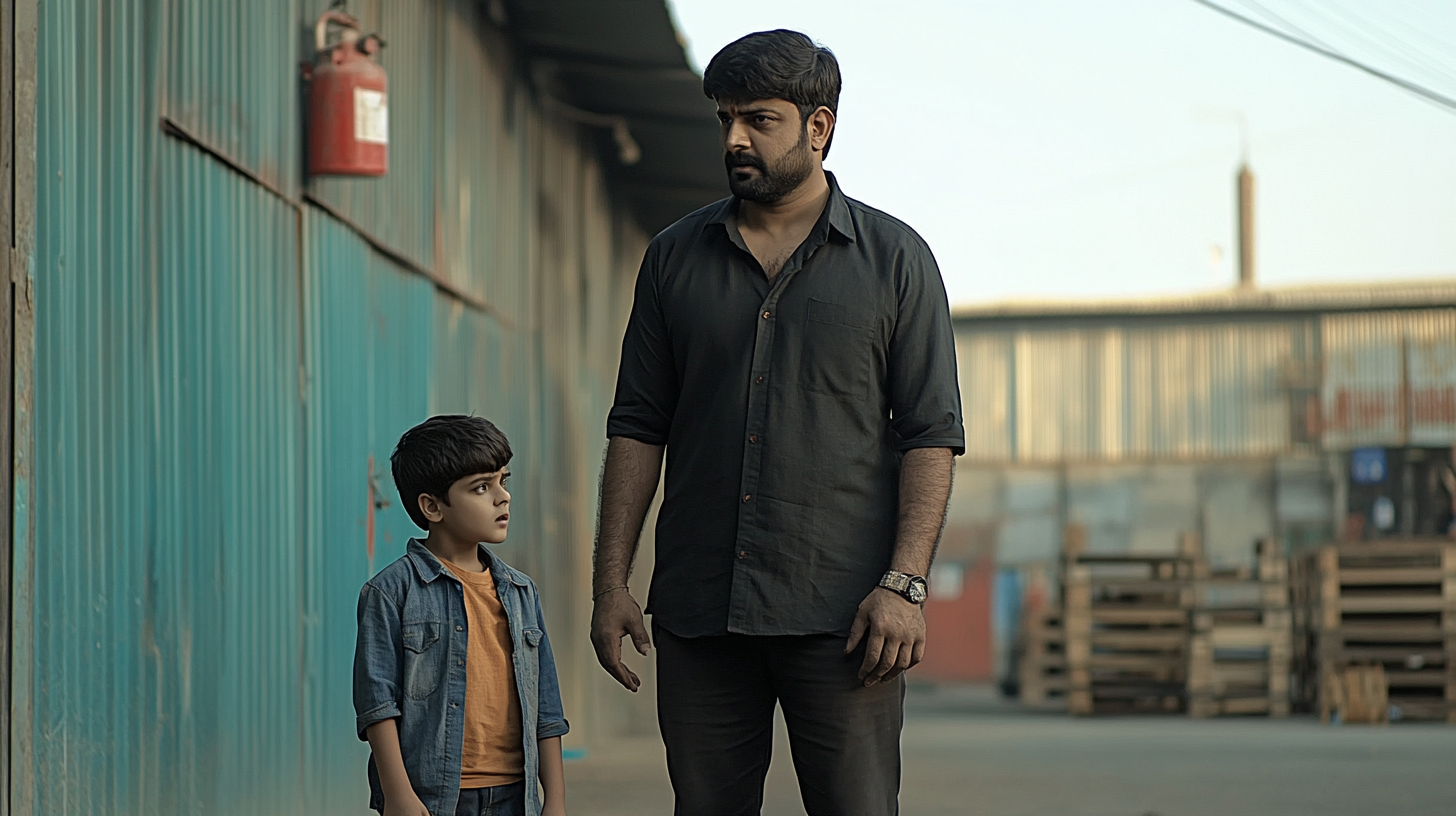 South Indian Hero and Young Boy in Warehouse