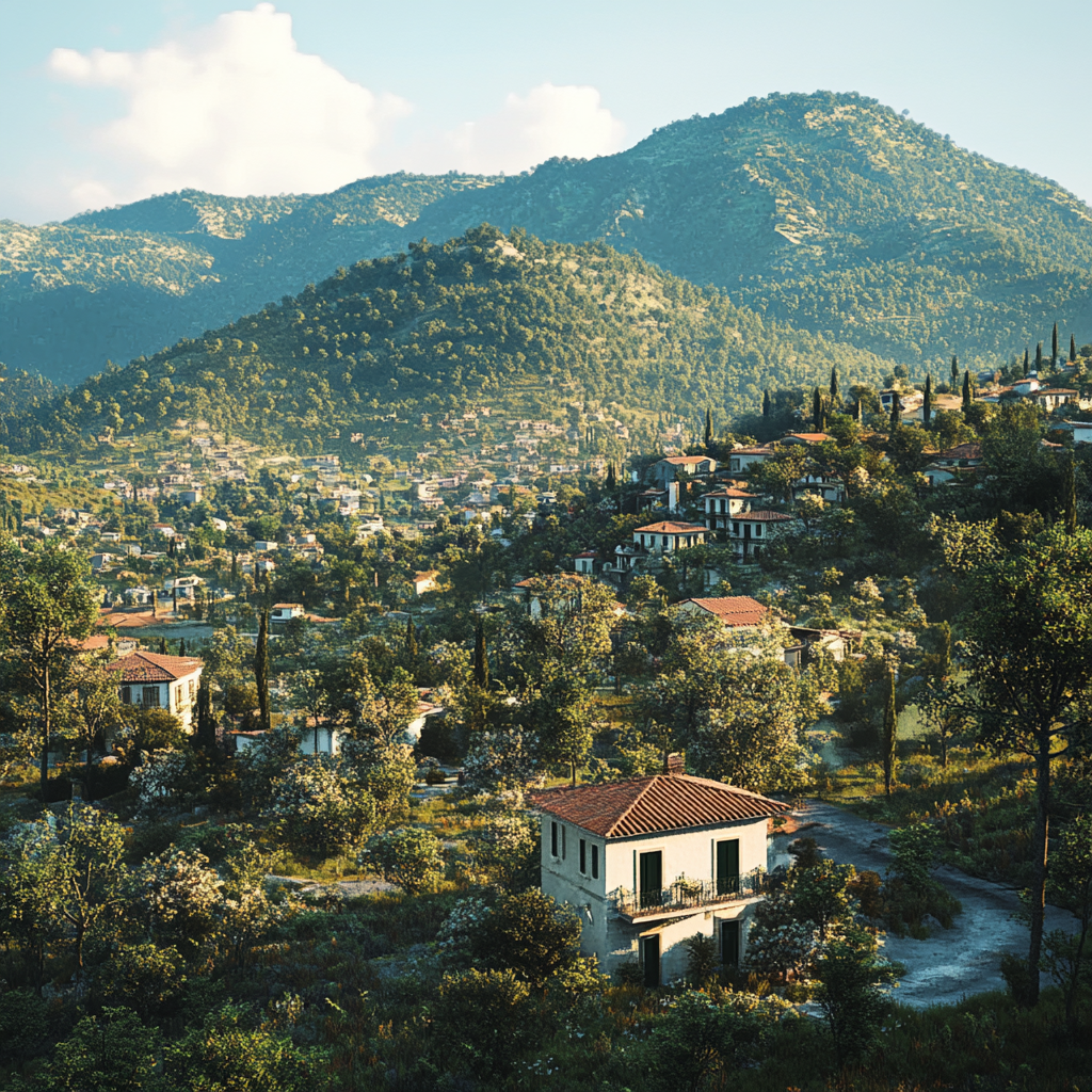 Southern European city on mountain side with houses, trees.