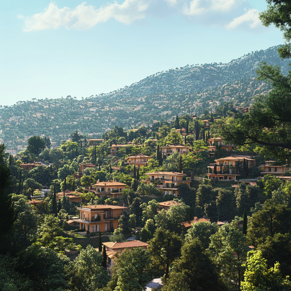 Southern European city on mountain side with trees and houses.